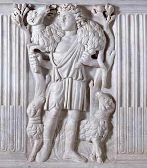 Il buon pastore , bassorilievo del III secolo. Urbino, chiesa di San Francesco.
