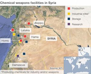 Nella cartina elaborata dalla Bbc, i siti per la produzione e lo stoccaggio di armi chimiche in siria.