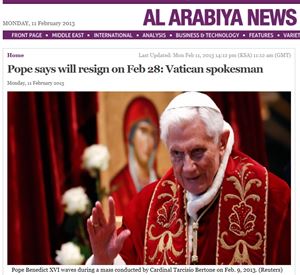 Il sito del giornale arabo "Al Arabiya" annuncia le dimissioni di Benedetto XVI (foto Ansa).