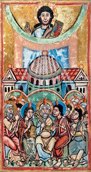 Pentecoste, dal Lezionario del Vangelo e delle Epistole (Lezionario di St. Trond, Belgio), metà del XII secolo. New York, The Pierpont Morgan Library.