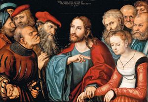 Lucas Cranach il Vecchio (1472-1553), Donna sorpresa in adulterio, 1532. Budapest, Museo di Belle Arti.