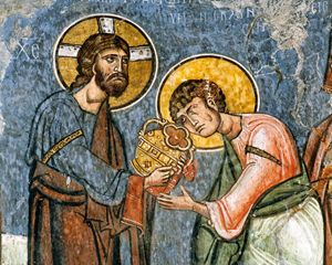 Cristo dà la comunione agli apostoli . Affresco della chiesa Panagia tou Asinou (Nostra Signora di Asinou), Nikitari (Cipro).