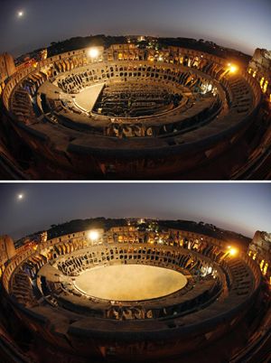 Una foto dell'interno del Colosseo scattata il 21 agosto 2010 (in alto) e una elaborazione grafica (in basso) che mostra come sarebbe se si ricreasse l'arena calpestabile al di sopra dei sotterranei.