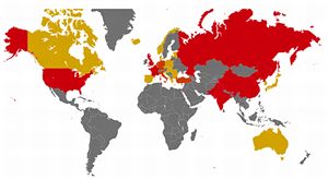 In rosso i Paesi detentori di armi nucleari, in giallo i Paesi che ospitano armi nucleari della Nato o di altri Stati