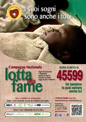 Il manifesto della campagna di L'Africa Chiama onlus. In copertina: Alessandro Montesi, cooperante della Ong italiana, nutre uno dei bambini assistiti in Kenya.