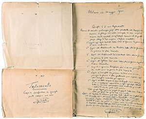 Nella foto: il testamento di Giuseppe Verdi: fece una lista molto dettagliata con le iniziative benefiche da sostenere (vedi articolo di questo dossier sui personaggi famosi che hanno scelto di fare lasciti solidali).