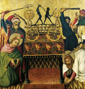 Il martirio degli apostoli Simone e Giuda Taddeo con l’allegoria del carro della morte; dipinto tedesco della scuola di Stephan Lochner (XV secolo) conservato nella Pinacoteca Vaticana.