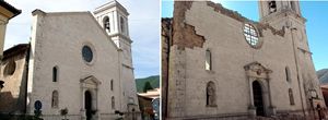 Norcia. La chiesa di Santa Maria Argentea prima e dopo il terremoto del 30 ottobre. Un esempio del patrimonio artistico-culturale gravemente danneggiato dal sisma. Foto Ansa. 