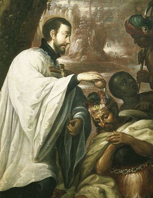 san Francesco Saverio battezza un indigeno.