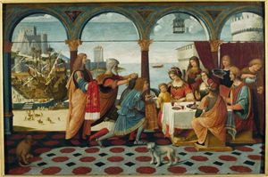 "Enea alla corte di Didone" di Bernardino de' Donati, una delle opere esposte nella mostra "Oltre. In viaggio con cercatori, fuggitivi, pellegrini", aperta a Illegio fino al 9 ottobre.