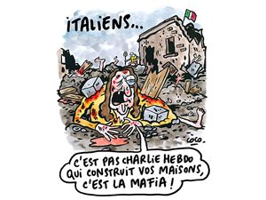 La vignetta pubblicata dalla rivista su Facebook in risposta al moto di indignazione per la satira sui terremotati di Amatrice.