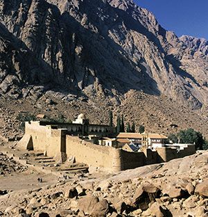 The monastery of Saint Catherine on Sinai, built in the 6th century on the place where, according to legend, the martyr's body was carried by angels.