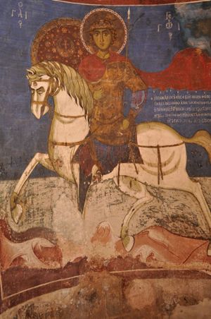 Pittura murale di San Giorgio, nella chiesetta  della Santa Croce a Pelendri, Monti Troodos, Cipro .