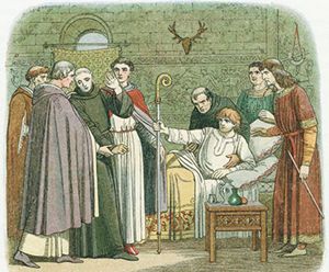 Snt’Anselmo accetta con riluttanza la carica vescovile di Canterbury; illustrazione dell’Ottocento.