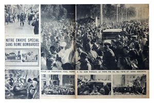 La pagina interna della rivista francese che documenta l'arrivo di Pio XII nel quartiere San Lorenzo dopo i bombardamenti del 19 luglio 1943. Sopra, la copertina con Pio XII in primo piano