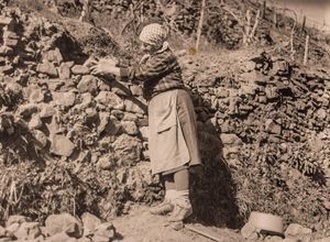 Una donna durante la costruzione di un muretto a secco a Vernazza, in una immagine di repertorio.