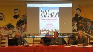 Nella foto, da sinistra: Giorgio Beretta (analista Osservatorio Opal), il giornalista Roberto Iacona e Pasquale Pugliese (segretario del Movimento Nonviolento).