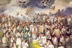Un dipinto che raffigura i 103 martiri, vittime delle persecuzioni religiose che hanno insanguinato la  Corea nel corso del 1800. Le altre fotografie sono dell'agenzia Ansa (copertina) e dell'agenzia Reuters (sopra). 