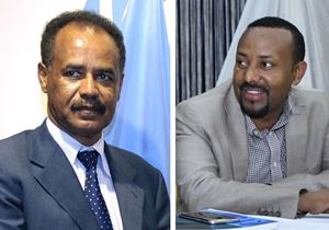  Isaias Afwerki (primo a sinistra), Presidente dell'Eritrea, e Abiy Ahmed, Primo ministro dell'Etiopia,in uno degli incontri preparatori che hanno portato allo storico accordo di pace, svoltosi ad Aba Geda, in Etiopia, il 2 novembre 2017. Foto Ansa. Le altre due immagini riferite all'incontro dei giorni scorsi, sono tratte dal sito di Tesfanews.