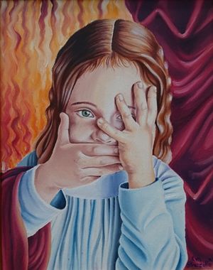 Il quadro Lo sguardo sull'orrore della pittrice Eva Strazzullo, ispirato alla sua esperienza vissuta da piccola in una setta satanica
