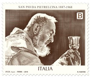 L'immagine del francobollo per Padre Pio stampato dalle Poste Italiane, in una foto diffusa dall'agenzia Ansa il 20 settembre 2018. 