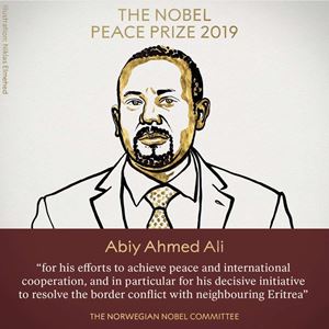 Il disegno che ritrae Abiy Ahmed Ali nel giorno del confermento del Nobel per la Pace 2019. In copertina, un primo piano del Premier etiope.