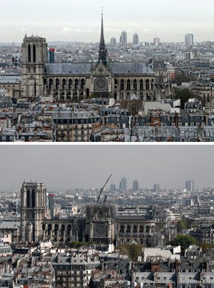 Una veduta di Notre-Dame prima e dopo l'incendio di lunedì scorso 