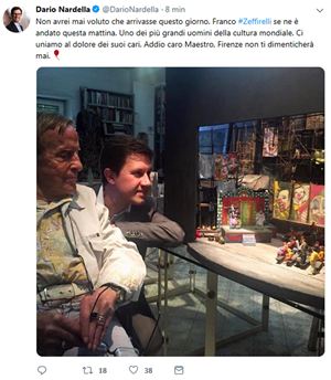 Il cordoglio del sindaco di Firenze Dario Nardella per la morte di Zeffirelli (Ansa)