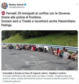 Salvini su Twitter prima dell'arrivo di Salvini a Trieste. Foto nell'articolo: Ansa