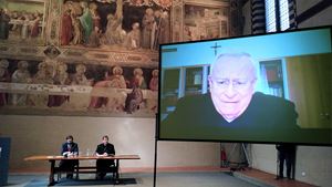 La conferenza stampa degli eventi in Santa Croce, a FIreenze, con il cardinale Betori il sindaco Nardella e, in collegamento, il presidente della Cei cardinale Bassetti.