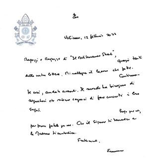 La lettera autografa di papa Francesco