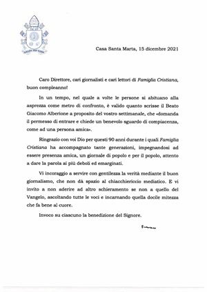 la lettera del Papa al direttore di Famiglia Cristiana.